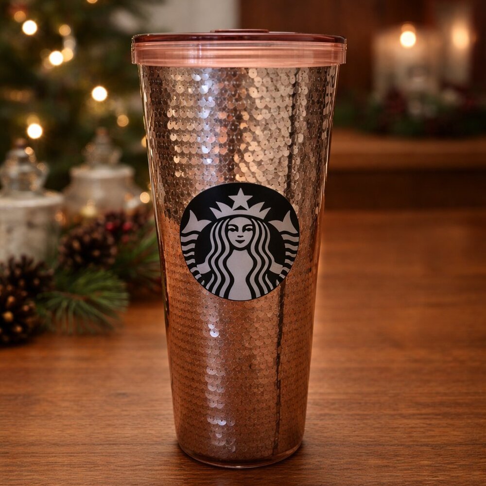 Starbucks 2017 Sequins Pink Rose Cold Cup Tumbler 24 oz *rare* w/out straw